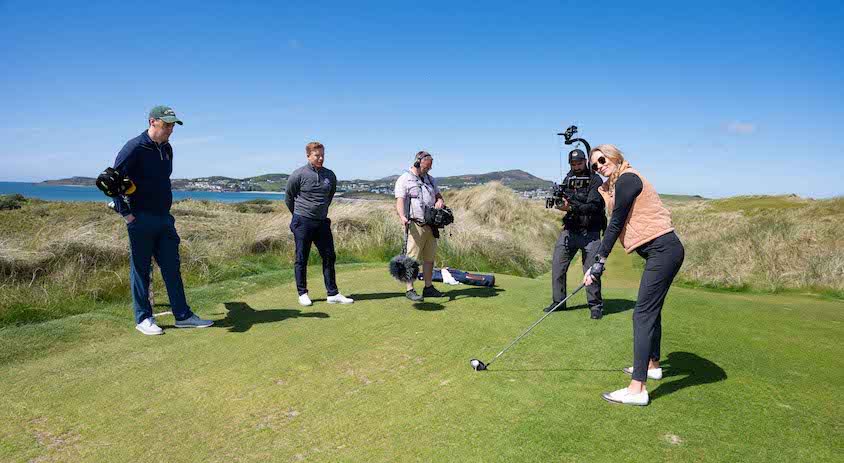John Casey, Rosapenna Hotel & Golf Resort; David Connellan, Tourism Ireland; Mick Cassidy, sound operator; Zack Scheffer, cameraman; and NBC Golf Channel host Alexandra O’Laughlin, during filming on the new St Patrick's Links at Rosapenna.